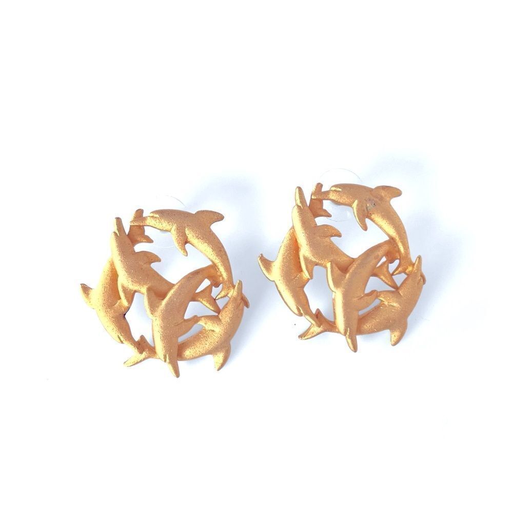 Vintage ACT V Matte Gold Dolphin Earrings